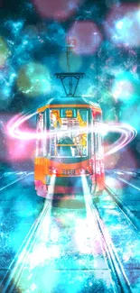 Vibrant orange tram in a cosmic, surreal night scene with a couple nearby.