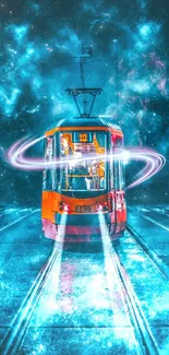 Colorful tram in a cosmic night setting with glowing effects.