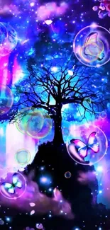 Fantasy tree with butterflies and bubbles in a vibrant cosmic scene.