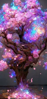 Magical tree with pink blooms and colorful lights on a dark background.