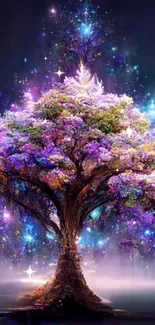 Magical glowing tree with vibrant, colorful lights in a misty fantasy setting.