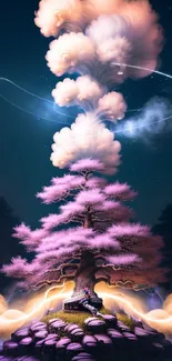 Enchanting pink tree under glowing clouds and night sky.