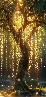 A mystical tree illuminated by glimmering lights, creating a magical scene.