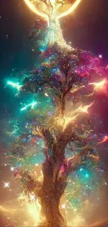 Mystical glowing tree with vibrant cosmic lights.