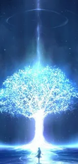 Glowing magical tree at night with starry sky backdrop.