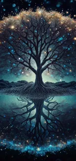 Magical tree with stars and reflection in a dark blue night.