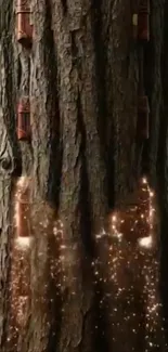 Glowing tree trunk in an enchanted forest.