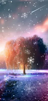 Magical winter tree with snowflakes and neon lights in a frosty landscape.