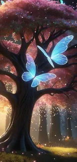 Glowing tree with blue butterflies in a magical forest setting.