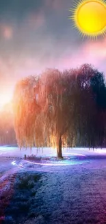 Magical tree glowing in colorful light across vivid landscape