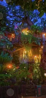 Magical treehouse glowing gently amid dark green foliage.