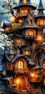 Whimsical treehouse glowing with warm lights at night, in a fantasy art style.