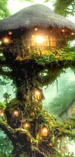 Magical treehouse in lush forest wallpaper, perfect for fantasy lovers.