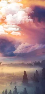 Enchanting twilight sky over misty forest with vibrant orange and purple hues.