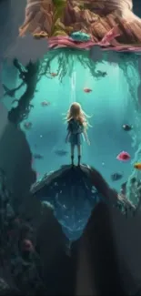 Girl standing in a magical underwater world with colorful fish and scenery.