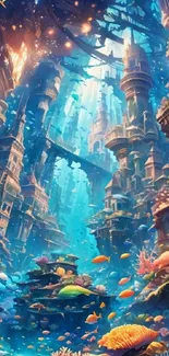 Magical fantasy underwater cityscape with vibrant corals and architecture.