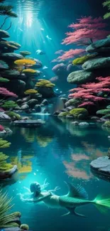 Magical underwater scene with a mermaid and colorful corals.