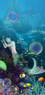 Underwater scene with mermaid, castle, and colorful coral reefs.