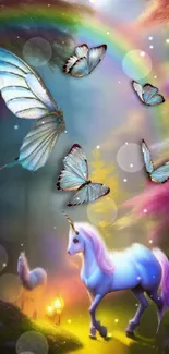 Magical unicorn with butterflies in rainbow scenery.