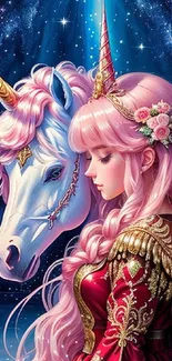 Princess with a unicorn in a galaxy-themed fantasy artwork.