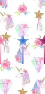 Whimsical unicorn, star, and floral mobile wallpaper in pastel colors.