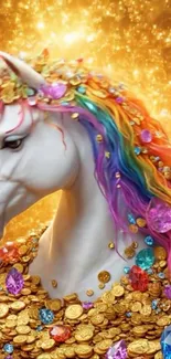 A colorful unicorn with a rainbow mane surrounded by gold and jewels.