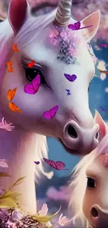 Unicorn with colorful butterflies in a dreamy scene.