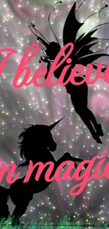 Fantasy wallpaper with unicorn, fairy, and 'I believe in magic' text.