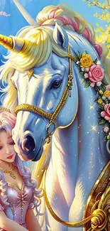 Fantasy wallpaper with unicorn and princess, rich in detail and vibrant colors.