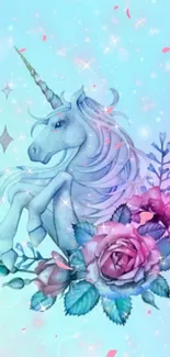 Whimsical unicorn and rose design with pastel colors and sparkles.