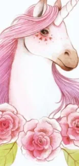 Whimsical pink unicorn with roses wallpaper.