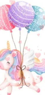 Cute unicorn with balloons and hearts in pastel colors wallpaper.