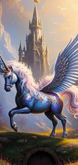 Magical unicorn with castle background.