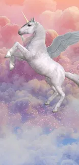 Majestic unicorn flying above pastel clouds in a dreamy sky scene.