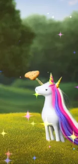 Whimsical unicorn with rainbow mane and cookie on horn in colorful meadow.