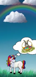 Whimsical unicorn with rainbow and clouds on a grassy field.