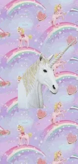 Unicorn with rainbows and hearts in pastel colors on a light lavender background.