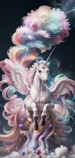 Elegant unicorn with pastel mane in a dreamlike cosmic setting.