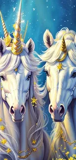 Majestic unicorns with golden accents on a starry blue background.