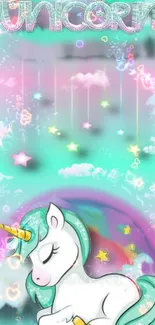 Magical unicorn wallpaper with turquoise background and fantasy elements.