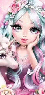 Magical girl with unicorn and floral accents in pink, pastel-themed wallpaper.