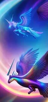 Magical unicorns flying in a colorful night sky.