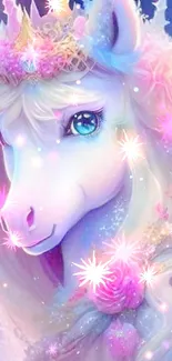 Magical unicorn with floral crown in dreamy fantasy art.