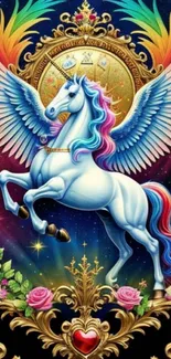 Vibrant unicorn wallpaper with colorful wings and ornate golden details.