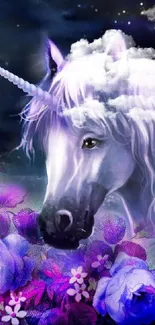 Fantasy unicorn with purple flowers in starry night sky.