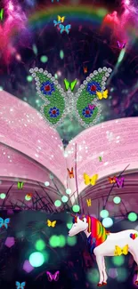 Magical unicorn with colorful butterflies and open book in a fantasy scene.