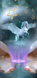 Enchanted unicorn in a starry, mystical setting with glowing hands and stars.