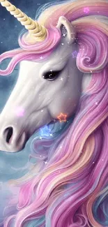 A stunning unicorn with pastel mane in a fantasy-themed mobile wallpaper.