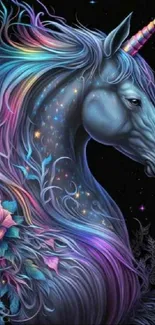 Mystical unicorn with colorful mane and horn on a dark background.