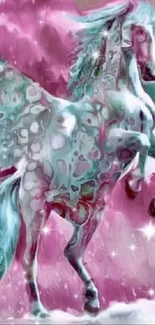 A magical unicorn with pink and teal hues on a fantasy wallpaper.